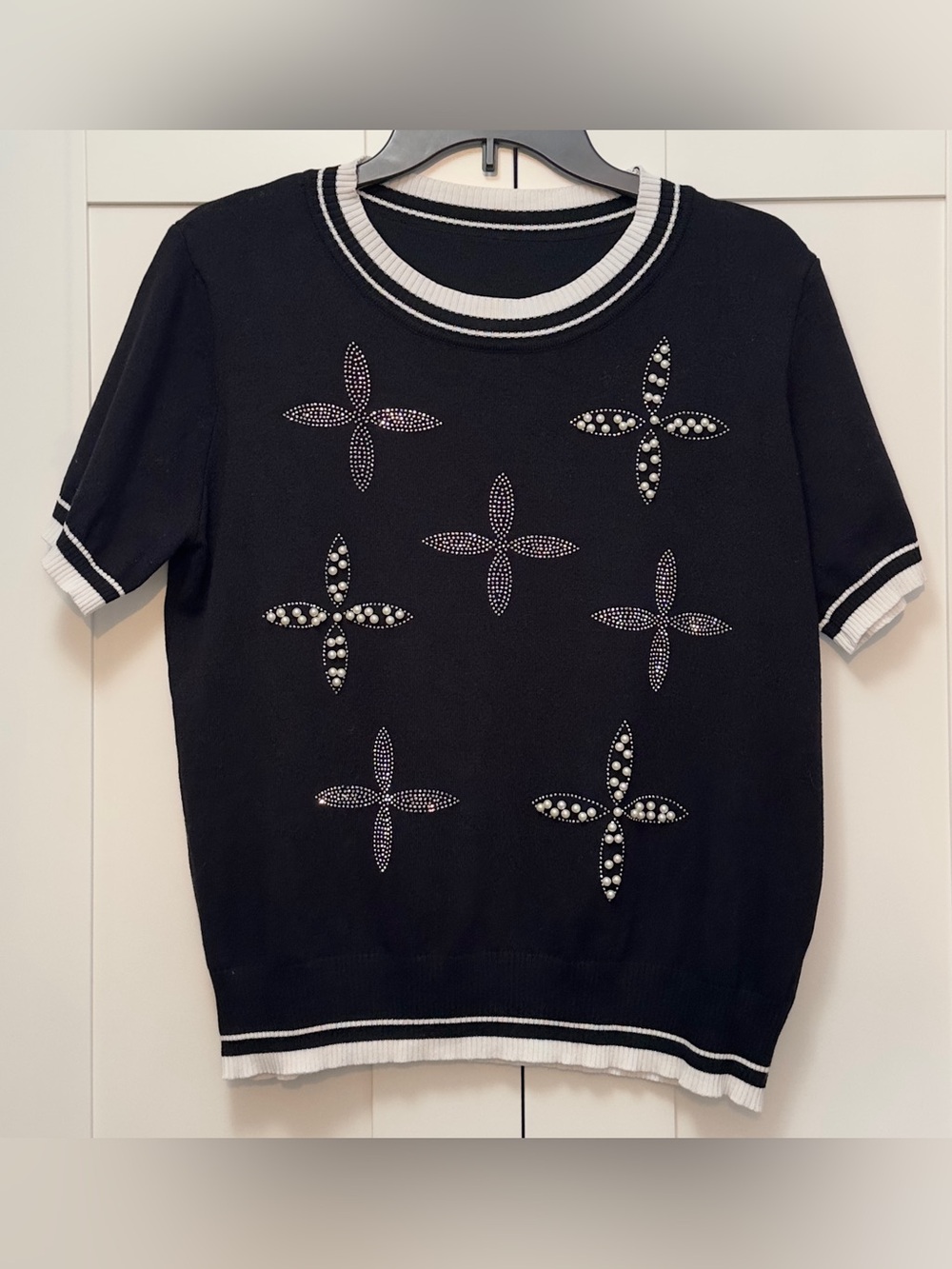 Black Short-Sleeve Pearl and Rhinestone Embellished Knit Sweater